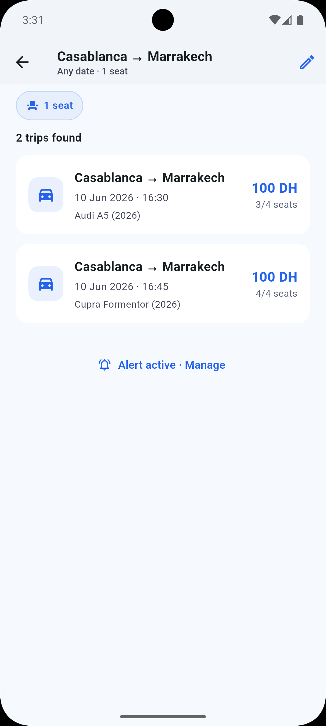 Résultats de recherche Ridex — Casablanca vers Marrakech