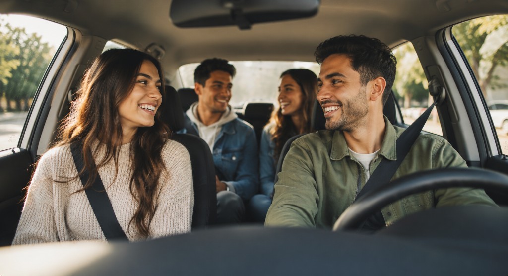 Passagers souriants en covoiturage dans une voiture