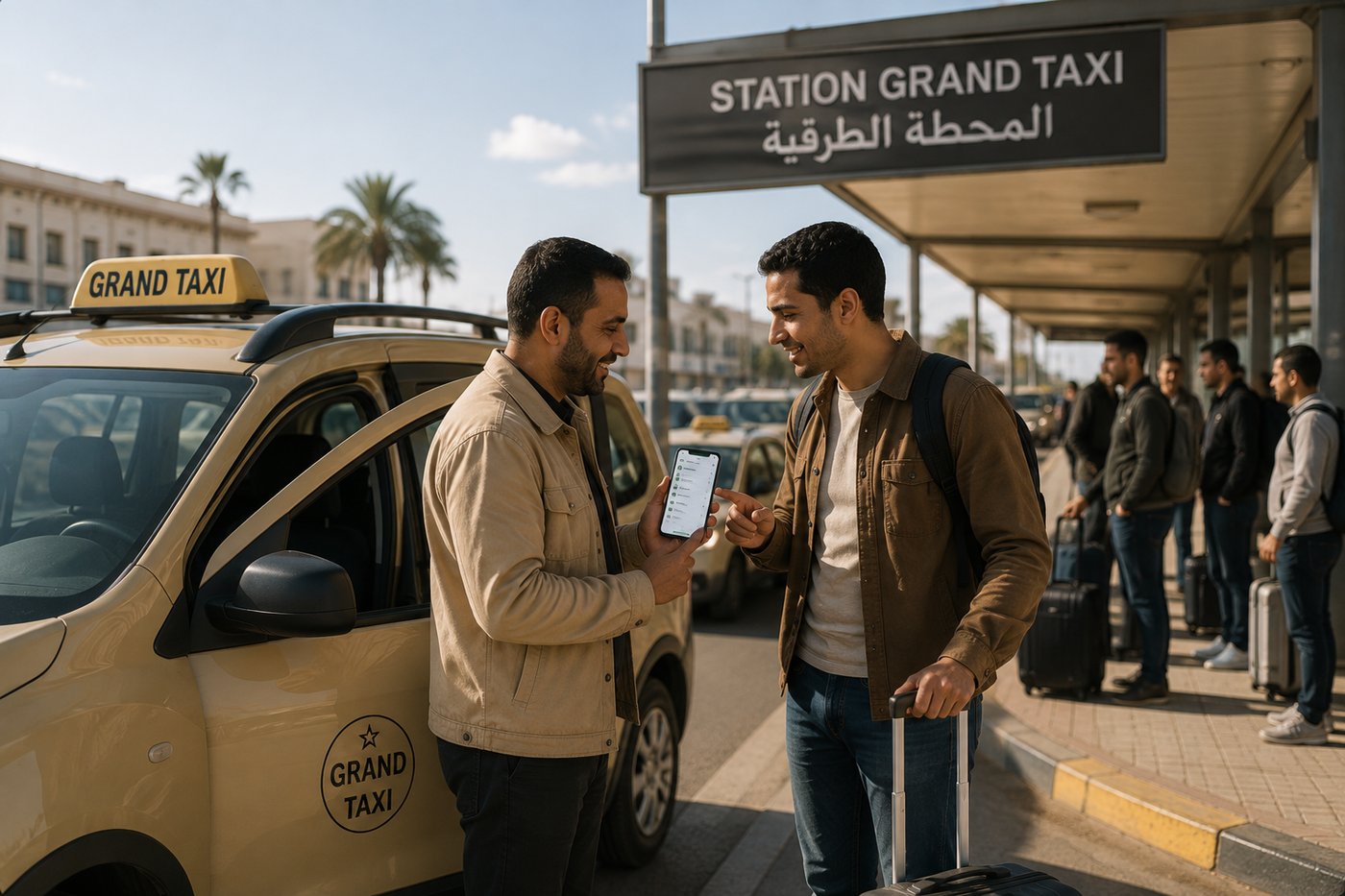 Driver and passenger confirming a Grand Taxi trip on TaxiMaroc at the station