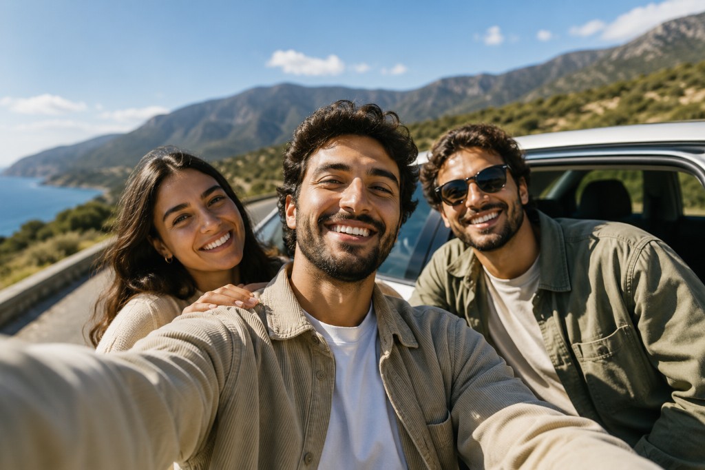 Trois voyageurs souriants en selfie lors d'un road trip au Maroc