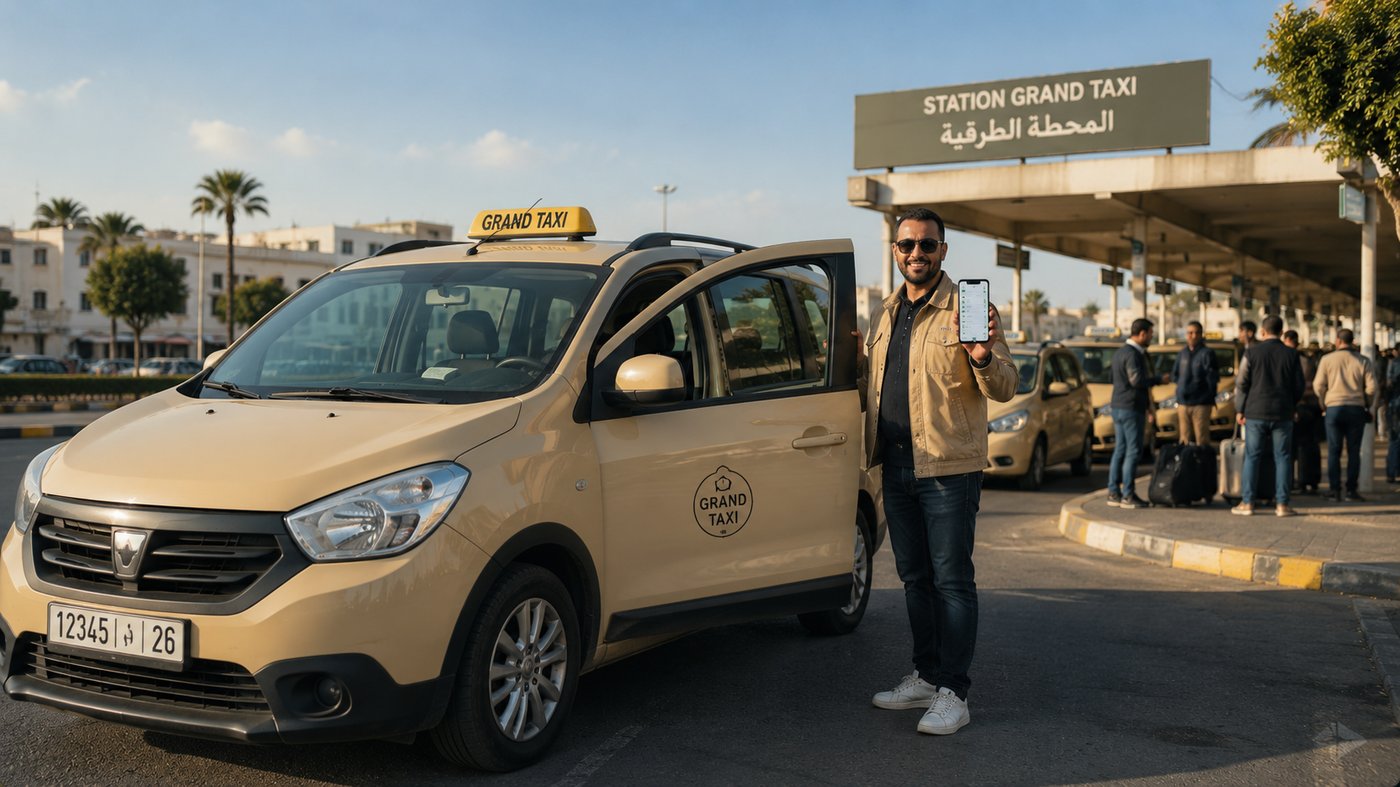 Grand Taxi driver showing the TaxiMaroc app at the station
